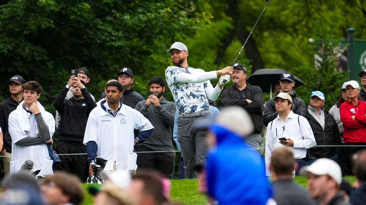 Stephen Curry tees off on hole No. 7 during the Workday Golden Bear Pro-Am at the Muirfield Village Golf Club on Wednesday, May 28,