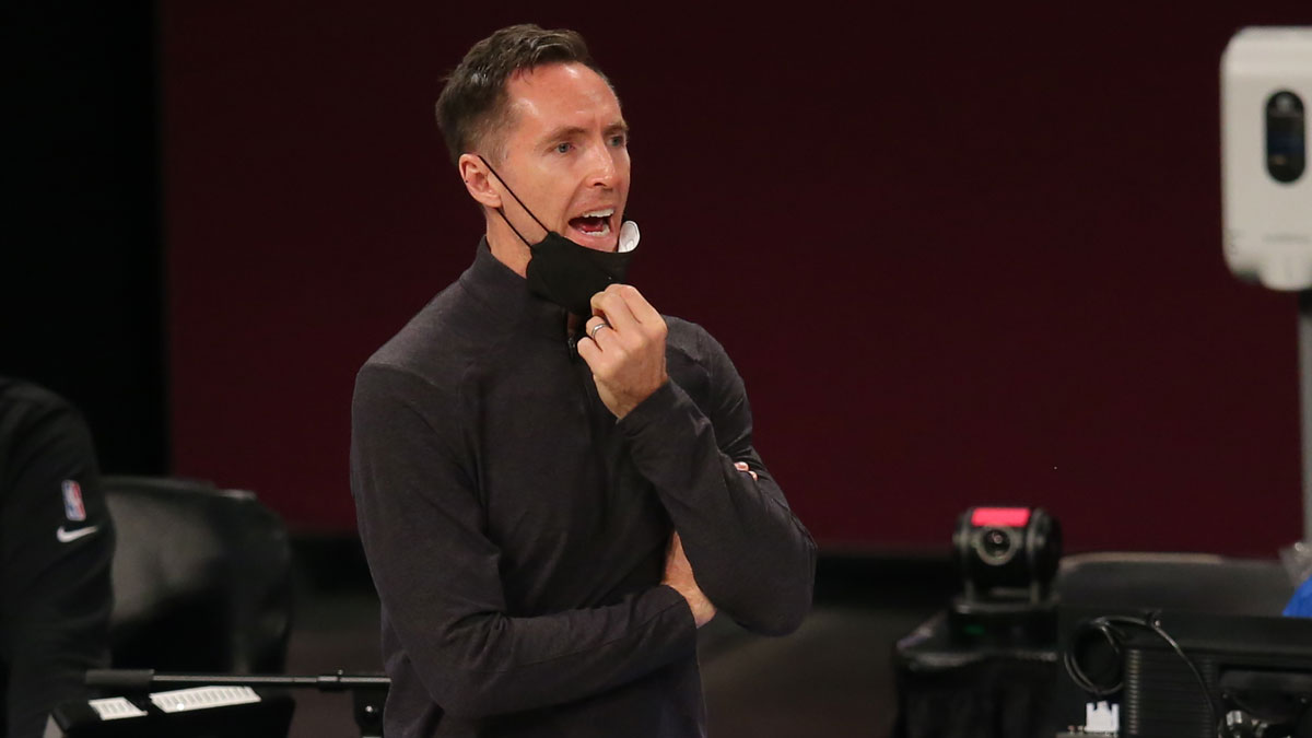 Brooklyn Nets head coach Steve Nash reacts during the second quarter against the Atlanta Hawks at Barclays Center.