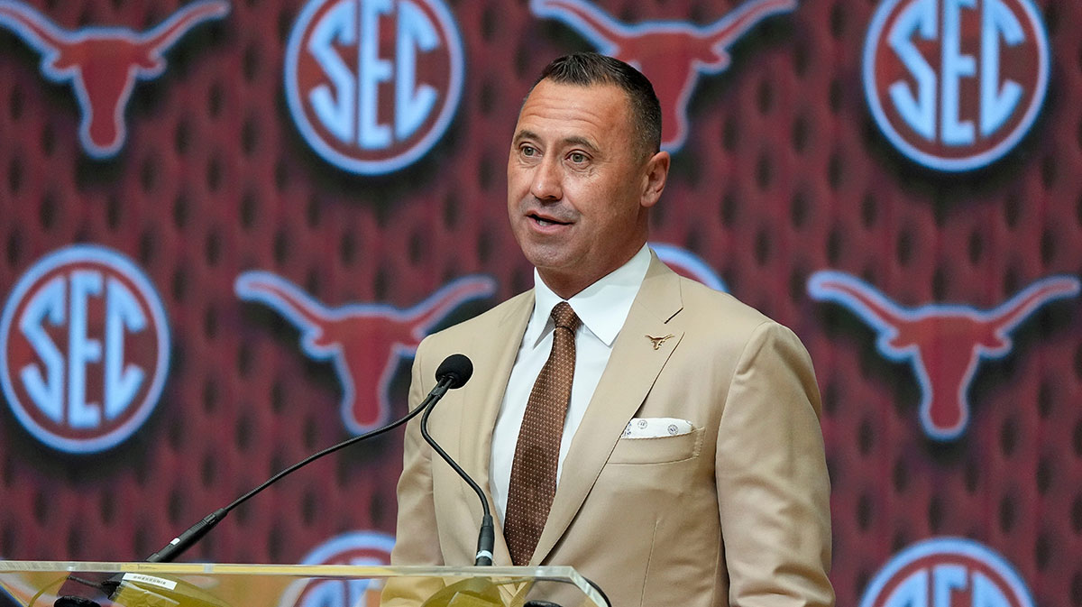Texas head coach Steve Sarkisian speaks during SEC Media Days at the College Football Hall of Fame in Atlanta.