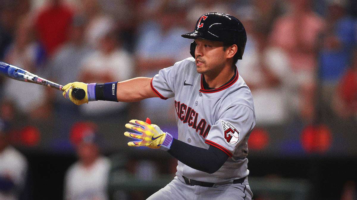 American League outfielder Steven Kwan (38) of the Cleveland Guardians hits an RBI single in the ninth inning during the 2025 MLB All Star Game at Truist Park.