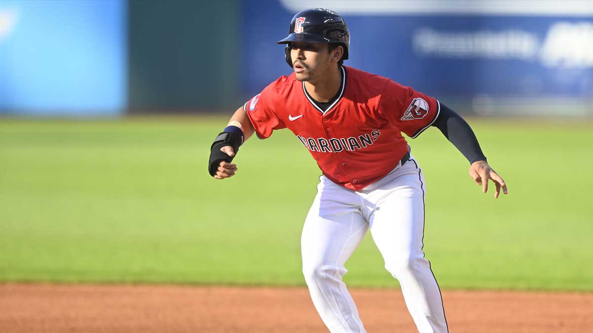 Cleveland Guardians left fielder Steven Kwan (38) takes a lead off first base in the first inning against the Baltimore Orioles at Progressive Field.