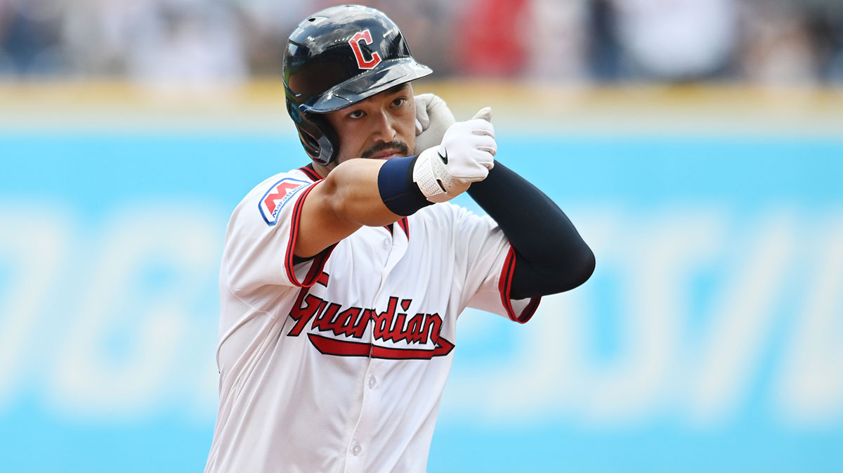 Cleveland Guardians left fielder Steven Kwan (38) rounds the bases after hitting a home run during the fifth inning against the Baltimore Orioles at Progressive Field.