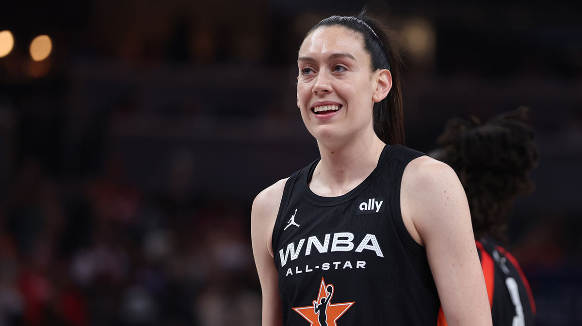 Team Collier forward Breanna Stewart (30) reacts in the fourth quarter against Team Clark during the 2025 WNBA All Star Game at Gainbridge Fieldhouse.