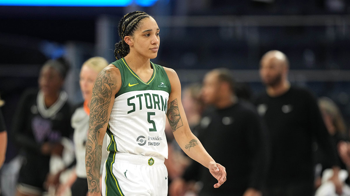 Seattle Storm forward Gabby Williams (5) reacts after being called for a technical foul against the Golden State Valkyries during the fourth quarter at Chase Center.