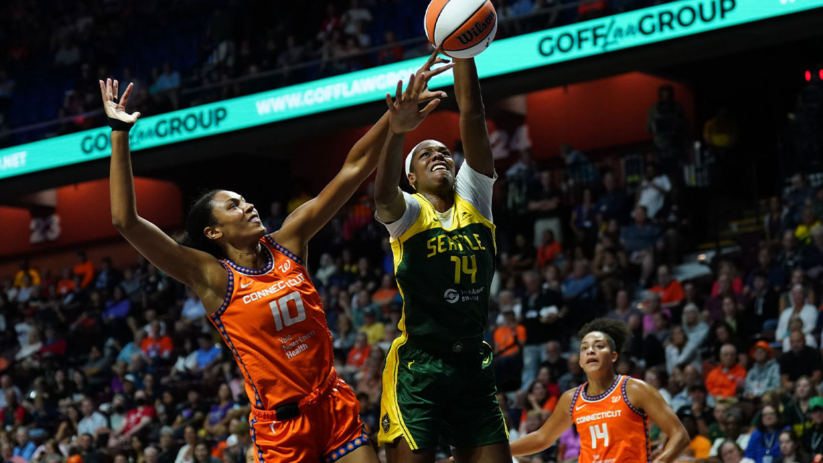 Connecticut Sun center Olivia Nelson-Ododa (10) blocks the shot of Seattle Storm center Dominique Malonga (14) in the first half at Mohegan Sun Arena.