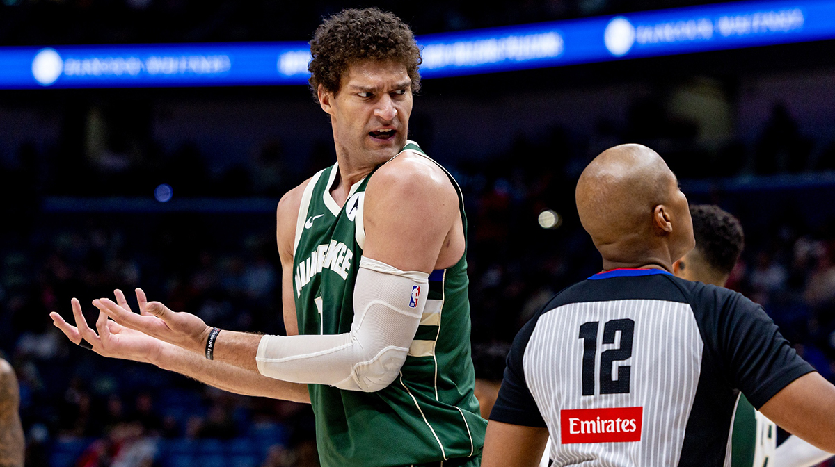 Bucks center Brook Lopez (11) questions a foul called by referee CJ Washington (12) against the New Orleans Pelicans during the second half at Smoothie King Center