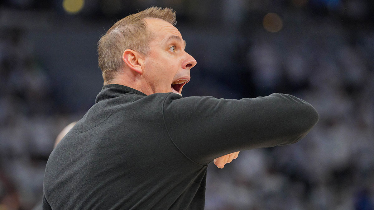 Suns head coach Frank Vogel gets called for a technical foul against the Minnesota Timberwolves in the fourth quarter during game two of the first round for the 2024 NBA playoffs at Target Center with Mavericks head coach Jason Kidd in the background
