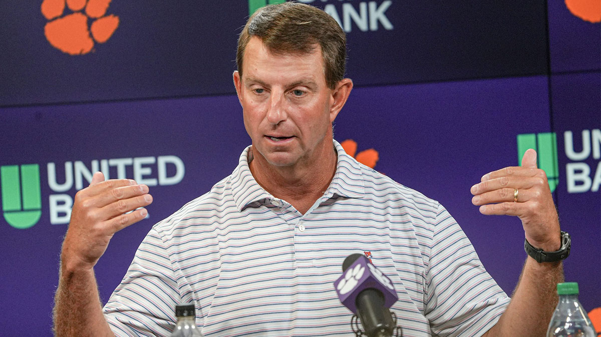 Clemson head coach Dabo Swinney speaks during Clemson football media day at the Smart Family Media Center in Clemson, SC Tuesday, July 15, 2025.