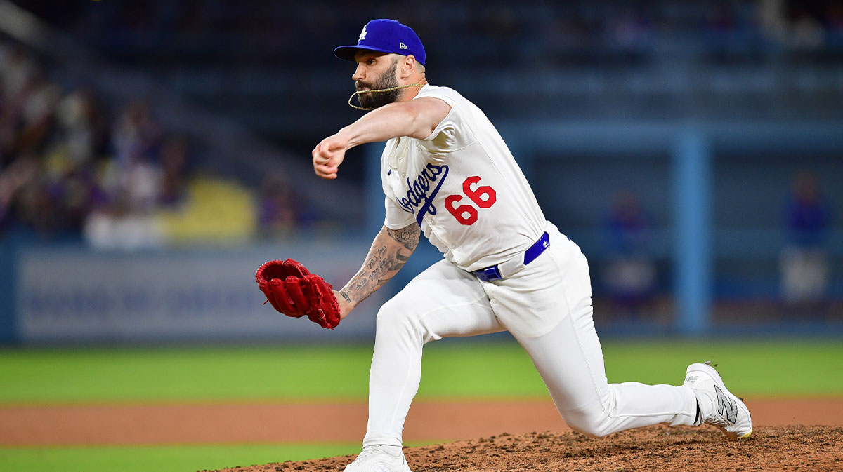 Los Angeles Dodgers pitcher Tanner Scott (66) throws against the Minnesota Twins during the eighth inning at Dodger Stadium.