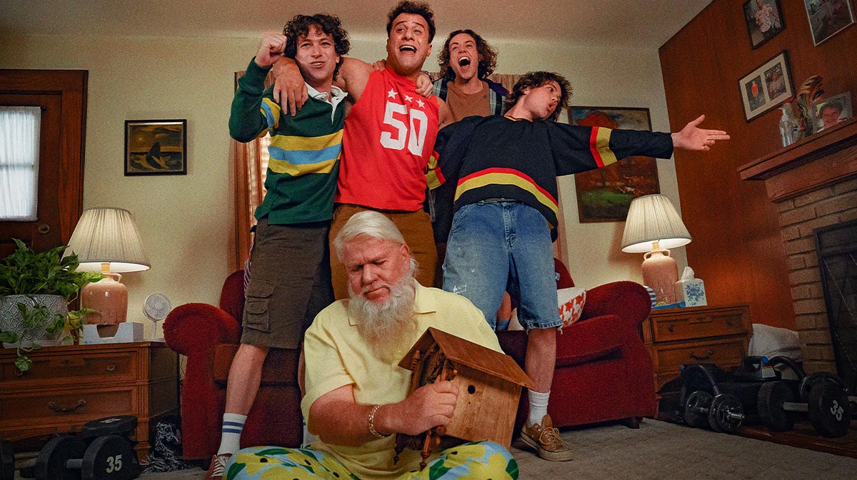 (L-R): Philip Schneider, Maxwell Friedman, Ethan Cutkosky, Conor Sherry, and John Daly in Happy Gilmore 2.
