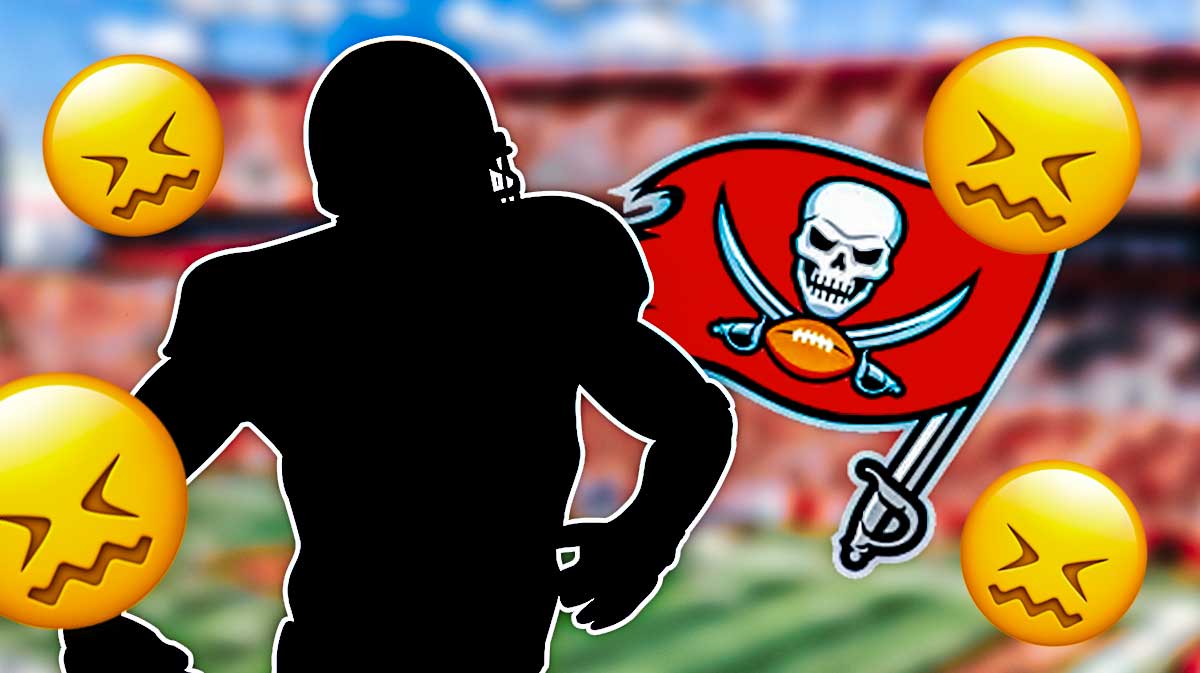 Mystery player in the middle, 😖 emojis around him, Tampa Bay Buccaneers logo in the background