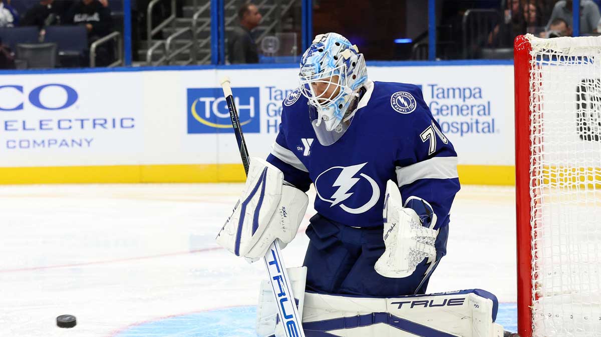 Tampa Bay Lightning goalie Matt Tomkins (70) makes asave against the Carolina Hurricanes during the second period at Amalie Arena.