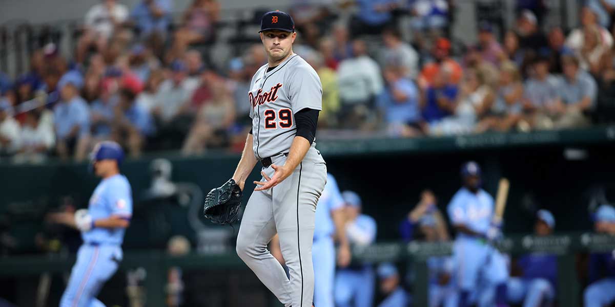 Detroit Tigers pitcher Tarik Skubal (29) reacts after Texas Rangers shortstop Corey Seager (5) hits a single during the fourth inning at Globe Life Field.