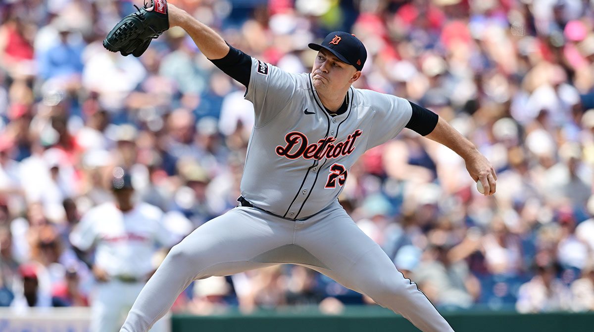 Detroit Tigers starting pitcher Tarik Skubal (29) throws a pitch during the first inning against the Cleveland Guardians at Progressive Field.