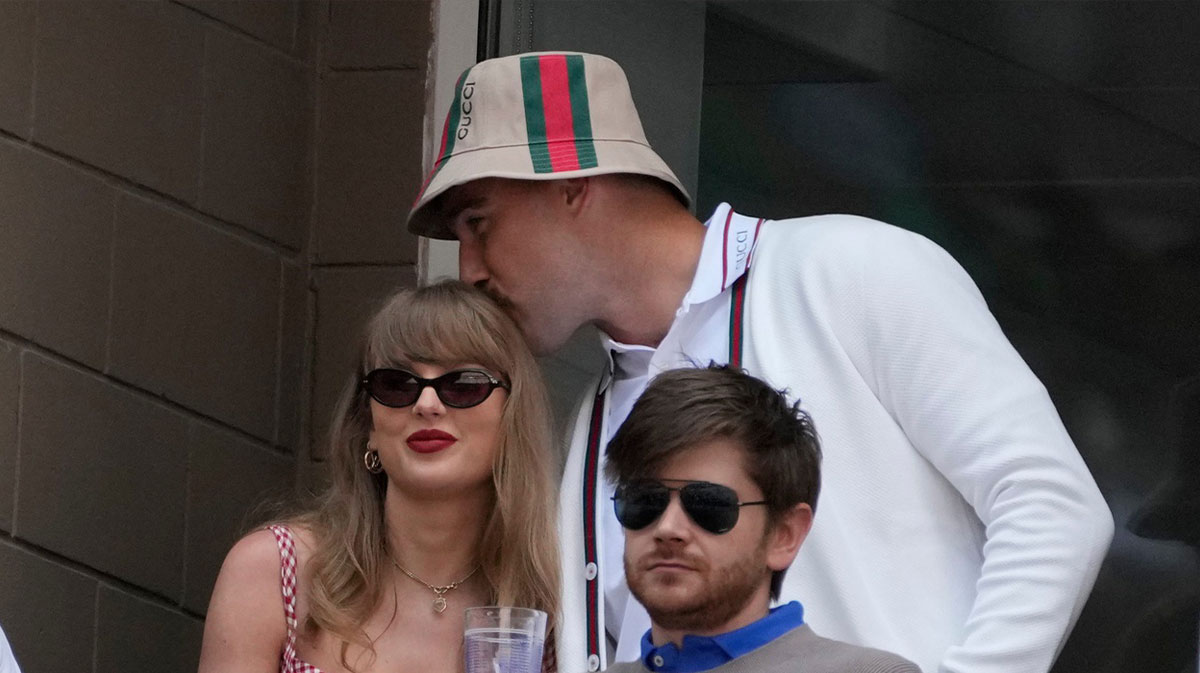 Taylor Swift, who gave a surprise performance at Tight End University, and Travis Kelce.