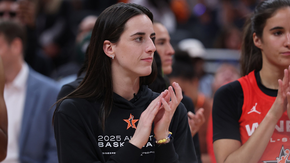 Team Clark guard Caitlin Clark (22) reacts after the 2025 WNBA All Star Game at Gainbridge Fieldhouse.