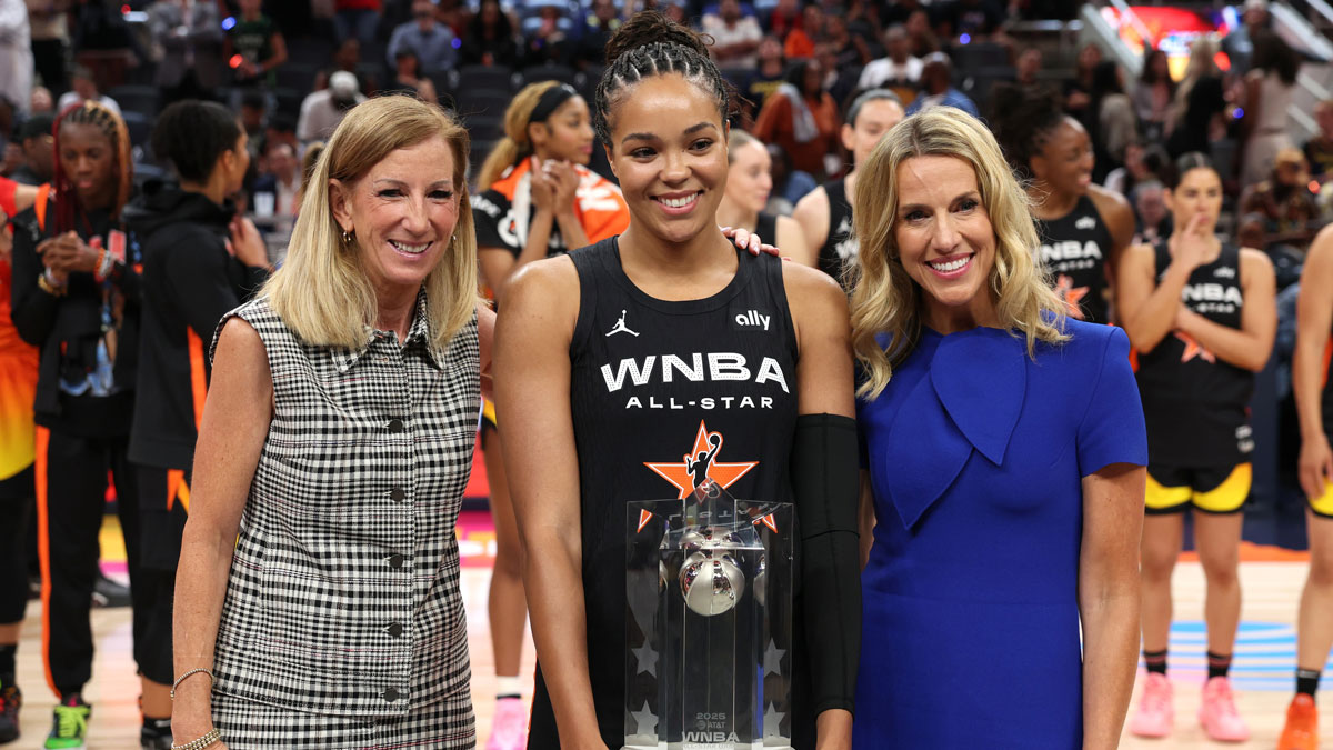 Team Collier forward Napheesa Collier (24) celebrates with the trophy and commissioner Cathy Engelbert (left) after winning the 2025 WNBA All Star Game