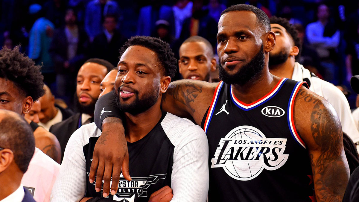 Team Lebron forward Lebron James of the Los Angeles Lakers (23) and Team Lebron guard Dwayne Wade of the Miami Heat (3)