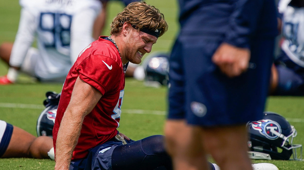 Tennessee Titans quarterback Will Levis (8) stretches during minicamp practice at Ascension Saint Thomas Sports Park in Nashville, Tenn., Wednesday, June 11, 2025.