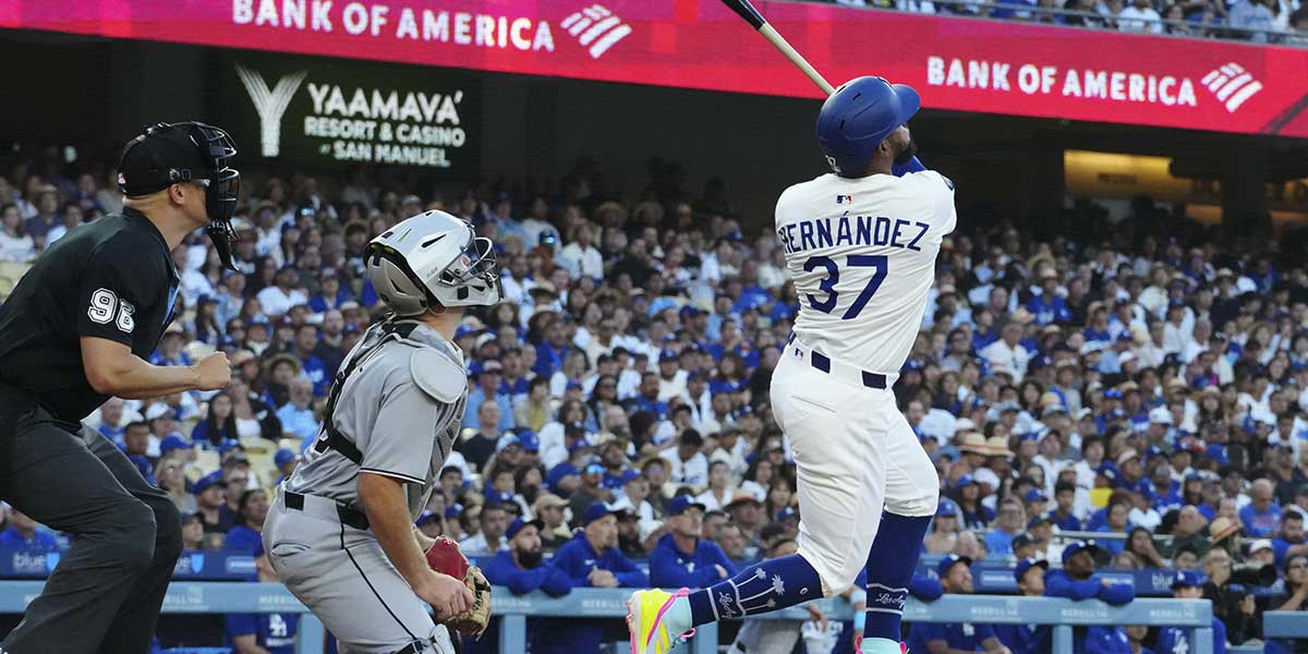 Los Angeles Dodgers right fielder Teoscar Hernandez (37) flies out to Chicago White Sox left fielder Andrew Benintendi (23) in the bottom of the first inning at Dodger Stadium.