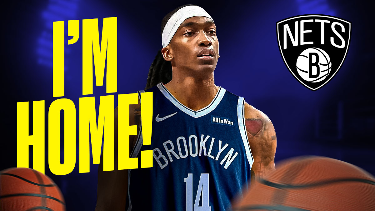 Terance Mann in a Nets jersey saying "I'm home!" with a Nets logo next to him