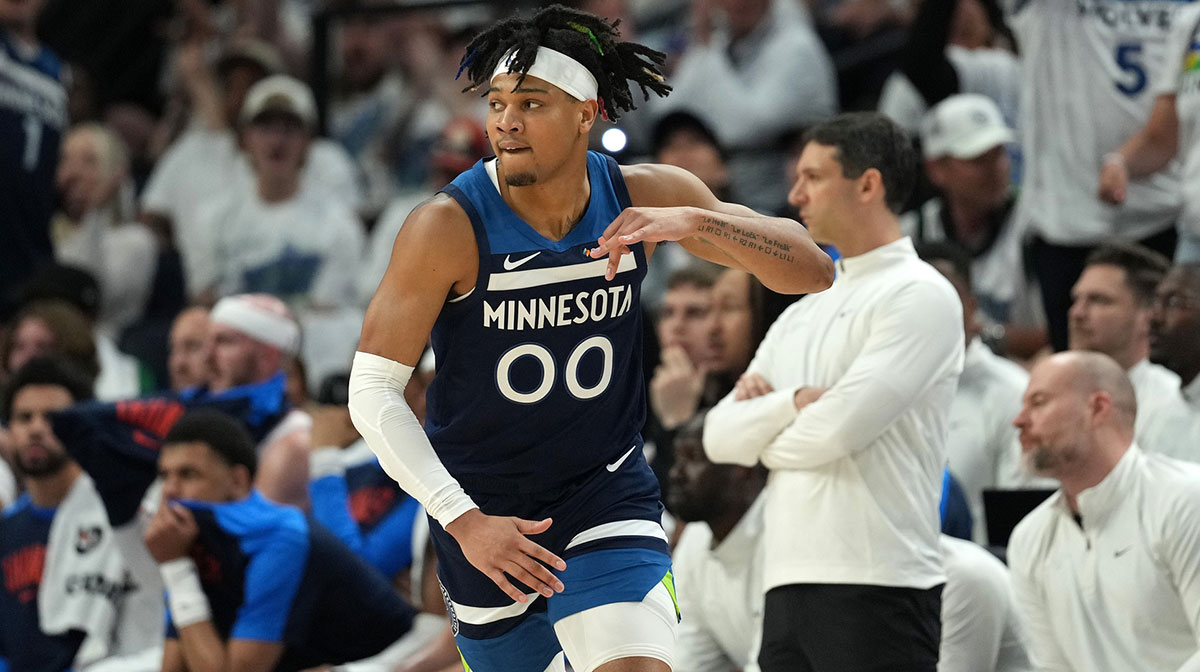 Minnesota Timberwolves guard Terrence Shannon Jr. (00) reacts against the Oklahoma City Thunder in the first half during game four of the western conference finals for the 2025 NBA Playoffs at Target Center.