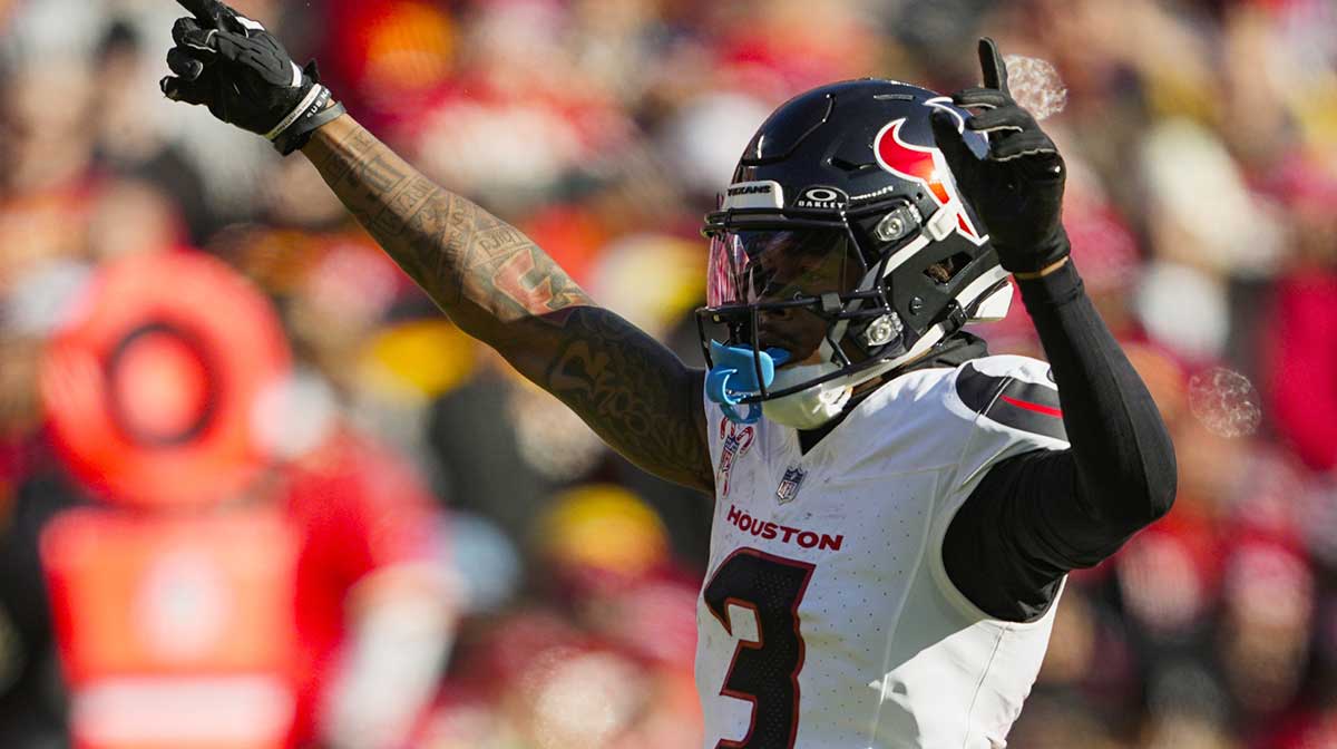 Houston Texans wide receiver Tank Dell (3) celebrates after a play during the first half against the Kansas City Chiefs at GEHA Field at Arrowhead Stadium.