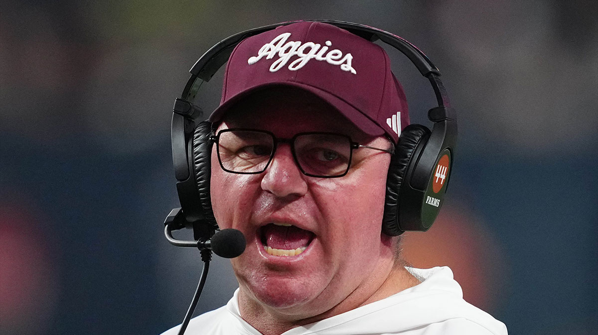 Texas A&M Aggies head coach Mike Elko reacts against the Southern California Trojans in the second half at Allegiant Stadium.
