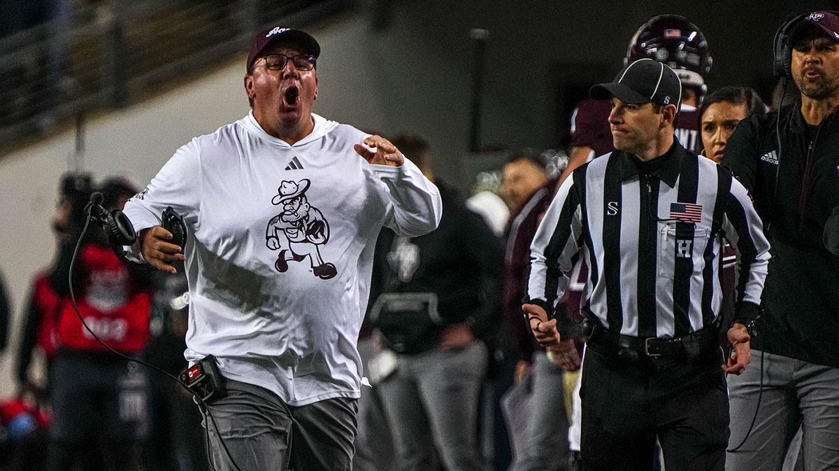 Texas A&M head coach Mike Elko reacts to an overturned tageting call against the Texas Longhorns during the Lone Star Showdown at Kyle Field on Saturday, Nov. 30, 2024 in College Station, Texas.