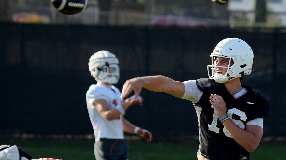 Texas Longhorns quarterback, Arch Manning during his first practice of the spring season on Tuesday, March 25, 2025.