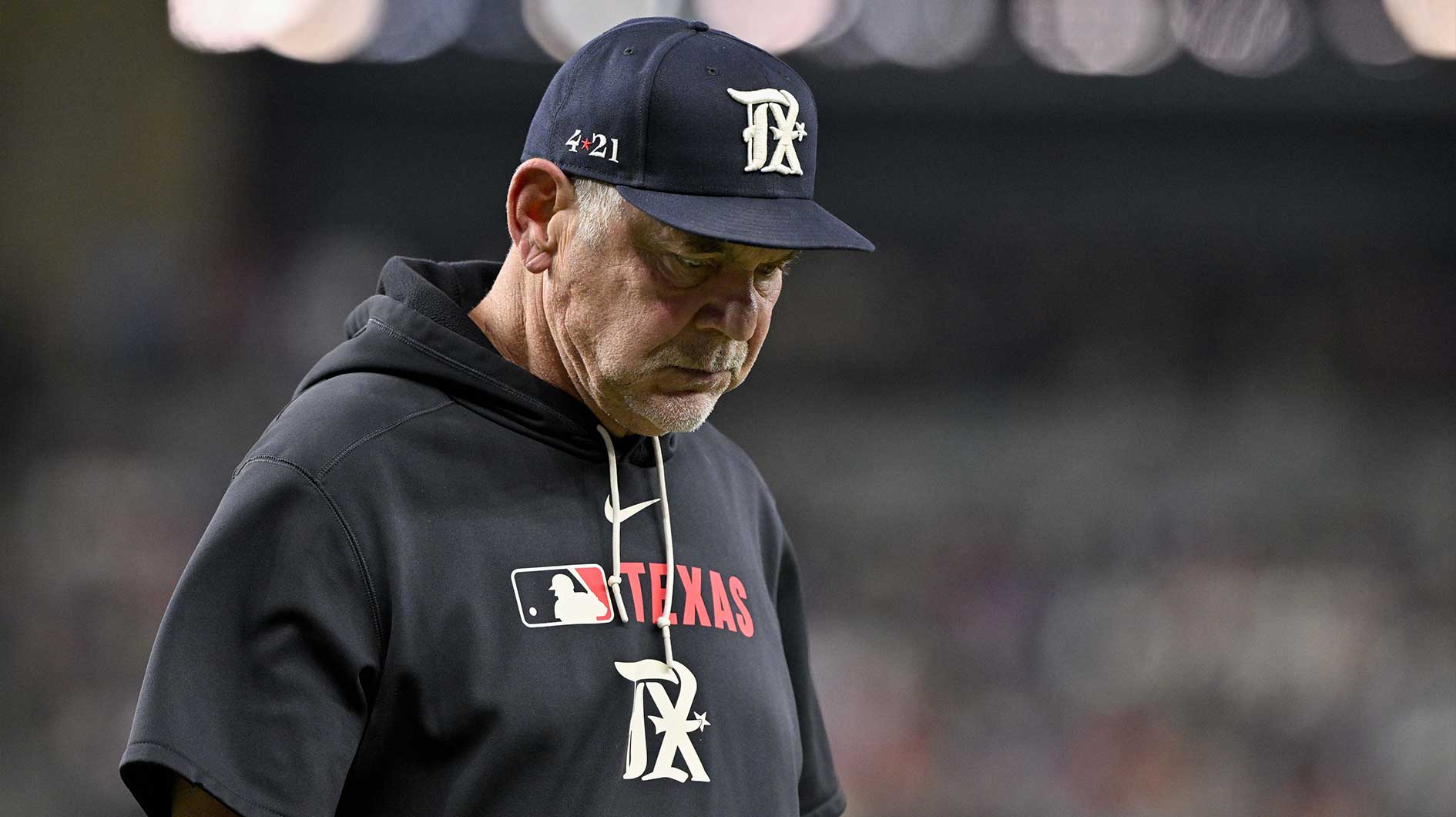 Texas Rangers manager Bruce Bochy (15) during the game between the Texas Rangers and the Atlanta Braves at Globe Life Field.