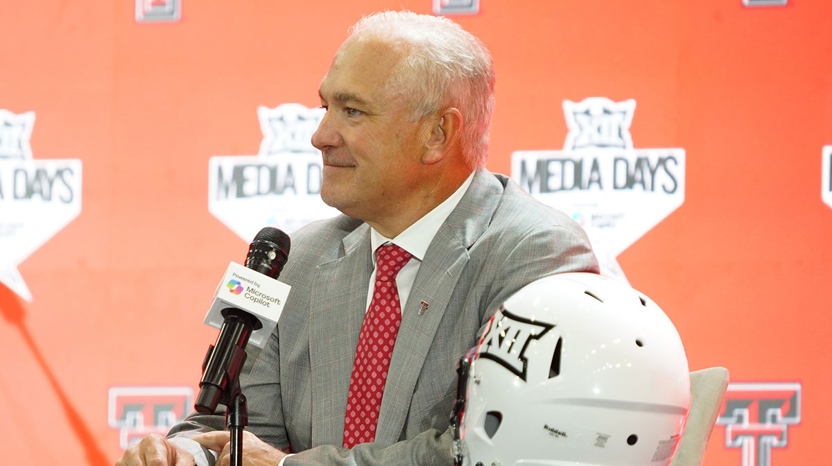 Texas Tech head coach Joey McGuire addresses the media during 2025 Big 12 Football Media Days at The Star.