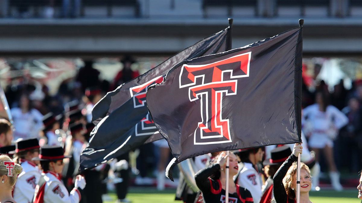 A general view of the Double T flags held by the Goin’ Band from Raiderland color guard before the game between the West Virginia Mountaineers and the Texas Tech Red Raiders at Jones AT&T Stadium and Cody Campbell Field.