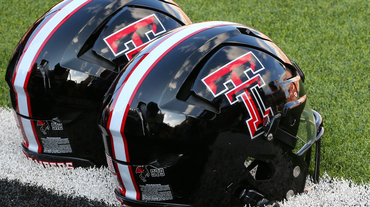 A general view of Texas Tech Red Raiders helmets on the turf before the game between the Arizona State Sun Devils and the Texas Tech Red Raiders at Jones AT&T Stadium and Cody Campbell Field.