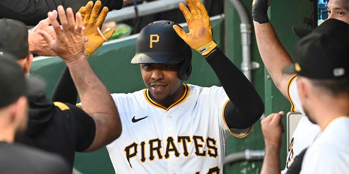 The Pittsburgh Pirates Ke’Bryan Hayes (13) is greeted by his teammates after hitting a home run in the eighth inning against the Miami Marlins PNC Park.
