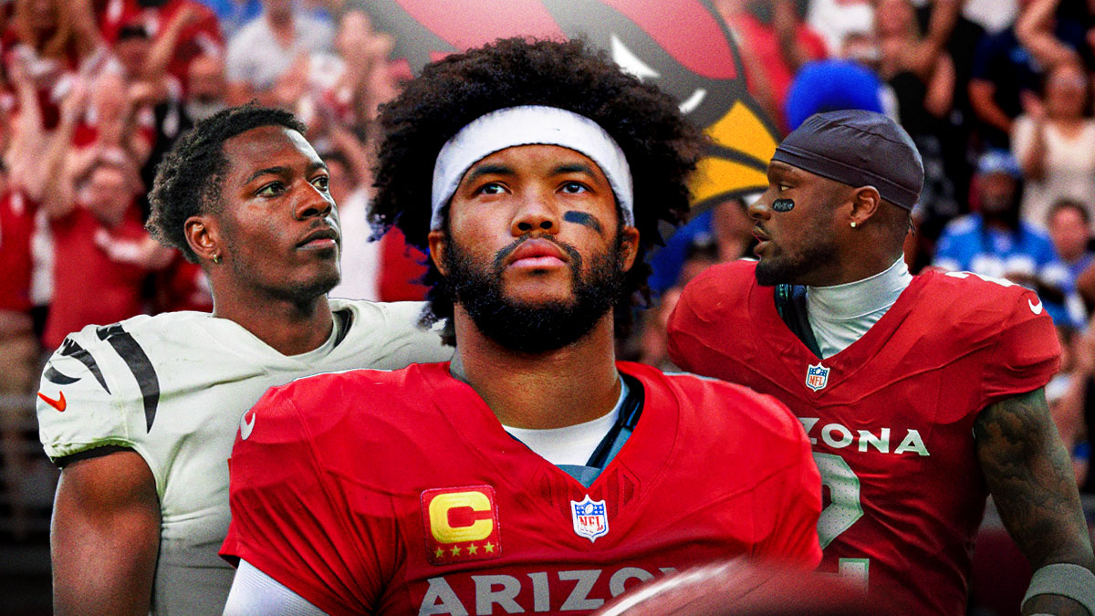 Kyler Murray in the middle, Akeem Davis-Gaither and Mack Wilson Sr around him, Arizona Cardinals logo in the background