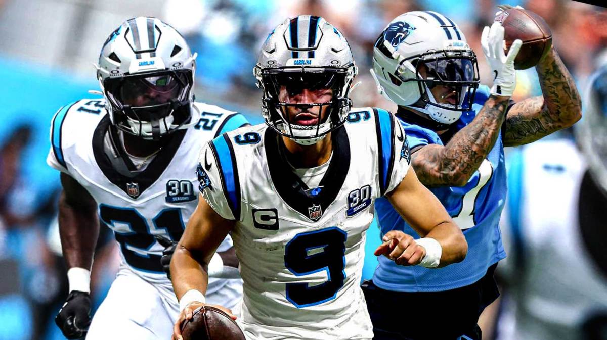 Bryce Young in the middle, Tre'von Moehrig and Nick Scott around him, Carolina Panthers logo in the background
