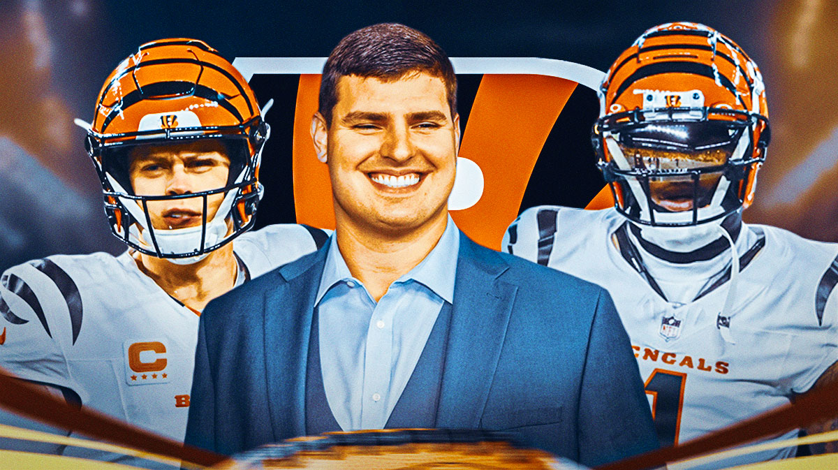 Coach Trey Hendrickson in the middle, Joe Burrow and Ja'Marr Chase around him, Cincinnati Bengals logo in the background