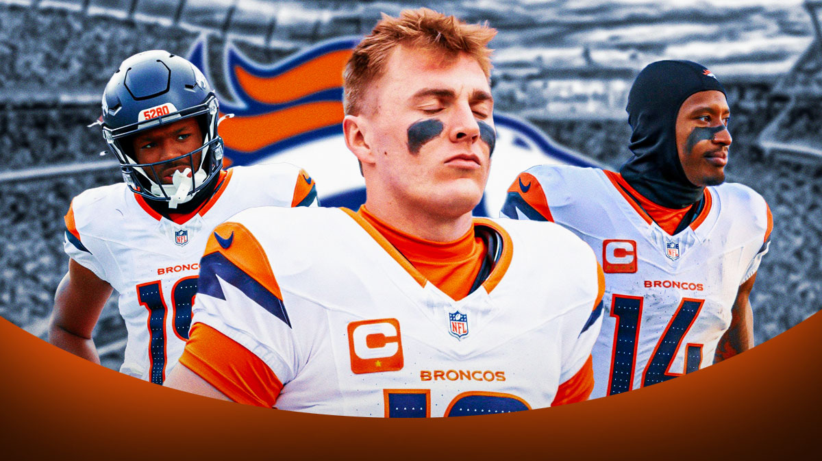 Bo Nix in the middle, Courtland Sutton and Marvin Mims Jr around him, Denver Broncos logo in the background