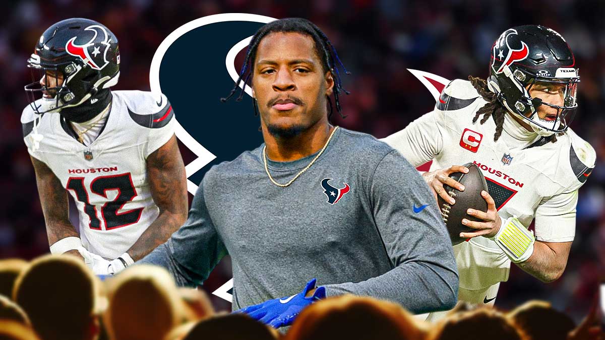 Rasul Douglas in the middle, CJ Stroud and Nico Collins around him, Houston Texans logo in the background