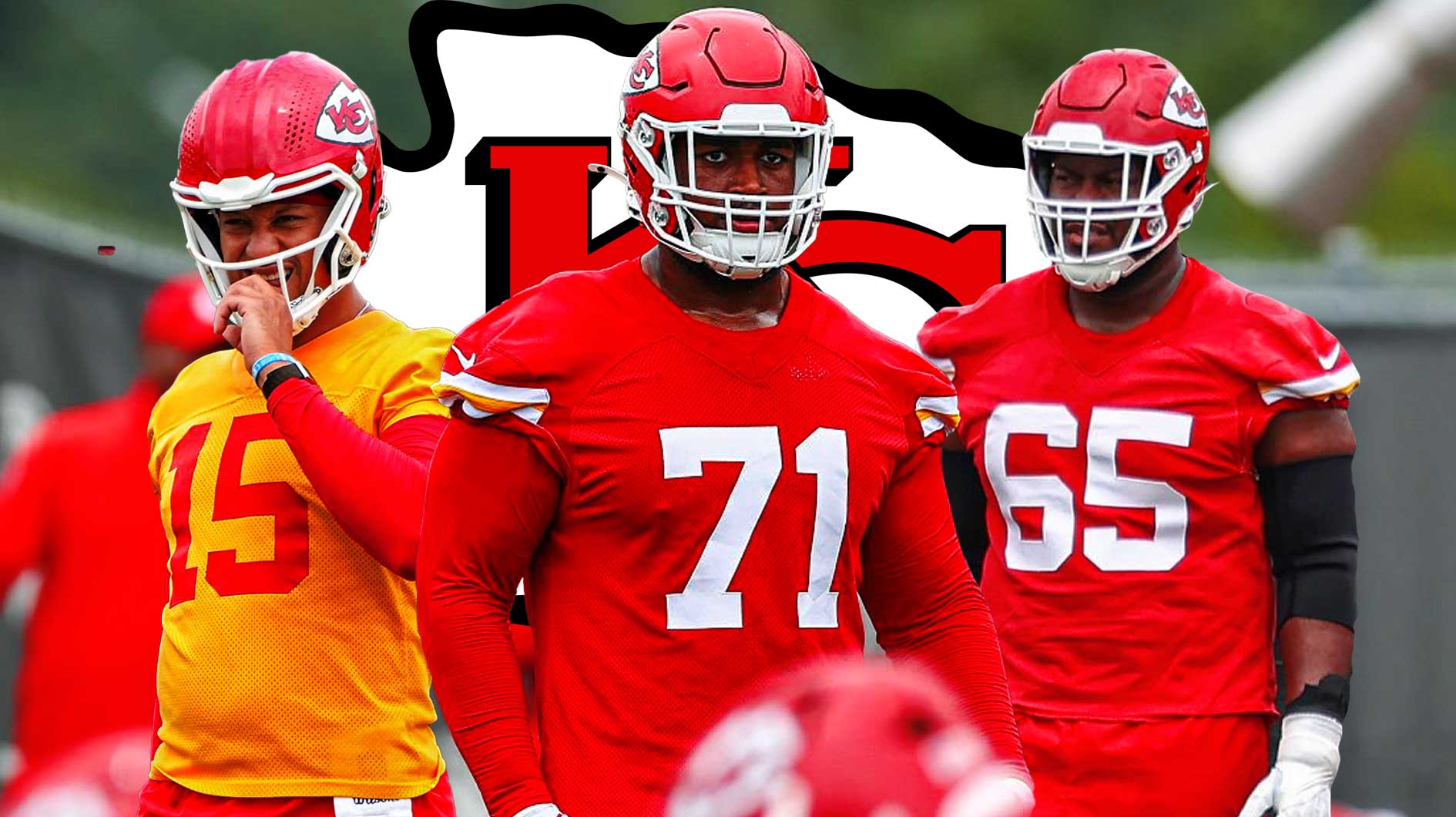Josh Simmons in the middle, Patrick Mahomes and Trey Smith around him, Kansas City Chiefs logo in the background