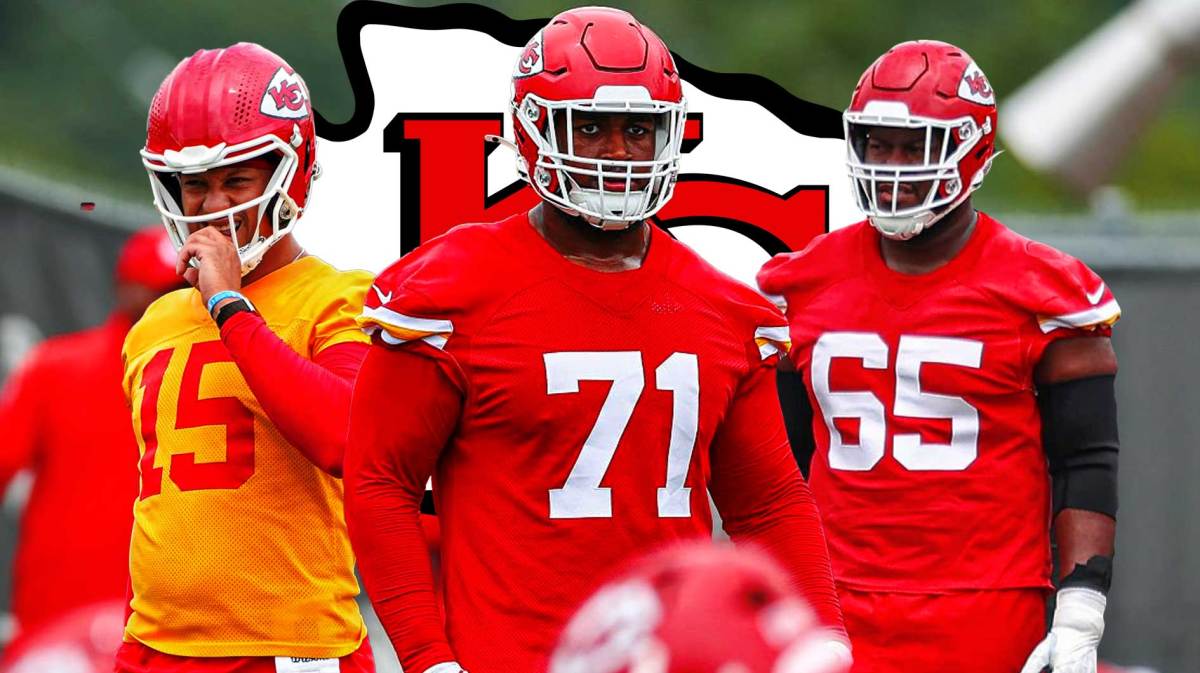 Josh Simmons in the middle, Patrick Mahomes and Trey Smith around him, Kansas City Chiefs logo in the background