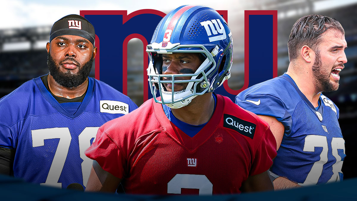 Russell Wilson in the middle, Andrew Thomas and Jon Runyan around him, New York Giants logo in the background
