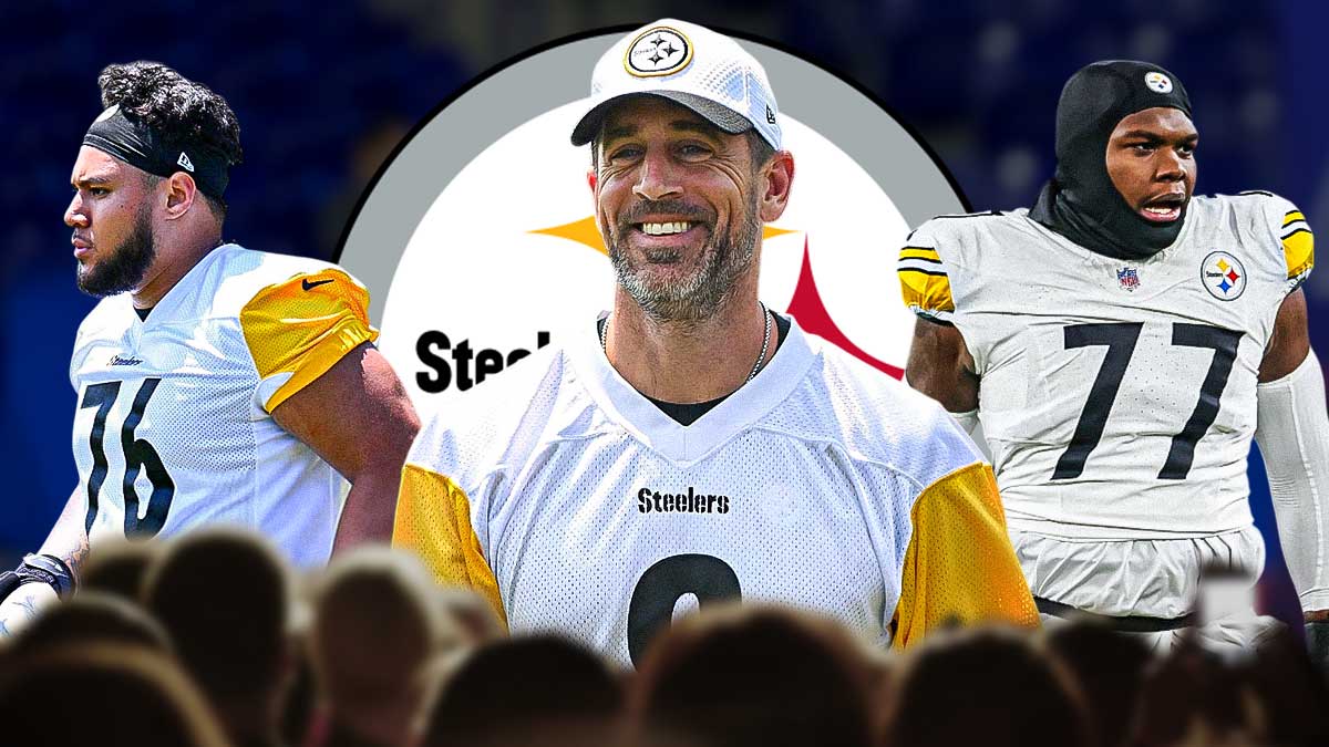 Aaron Rodgers in the middle, Broderick Jones and Troy Fautanu around him, Pittsburgh Steelers logo in the background