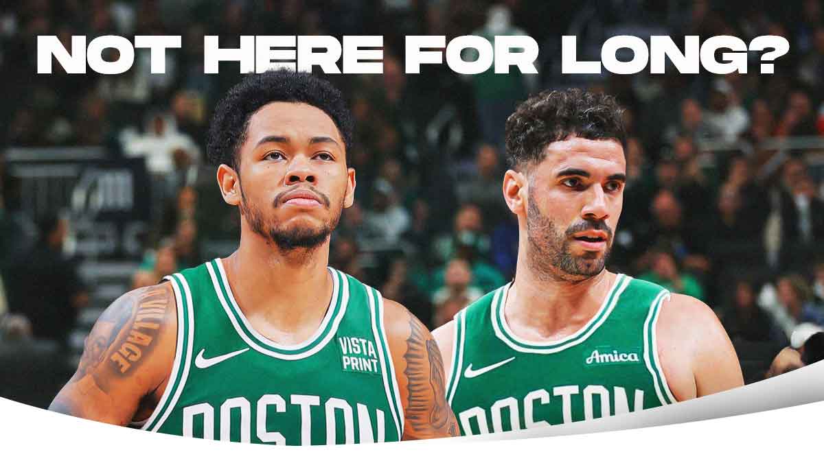 Anfernee Simons and Georges Niang in Celtics uniform, with caption below: NOT HERE FOR LONG?