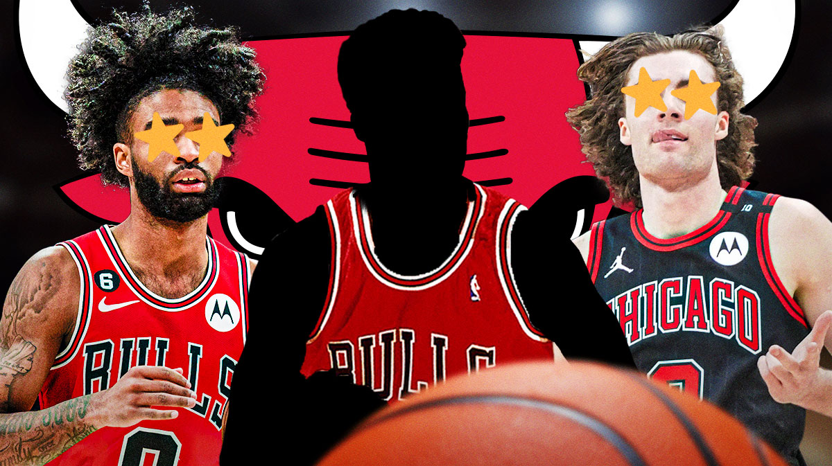 Mystery player in a Bulls jersey in the middle, Josh Giddey and Coby White around him with starry eyes ⭐️, Chicago Bulls logo in the background
