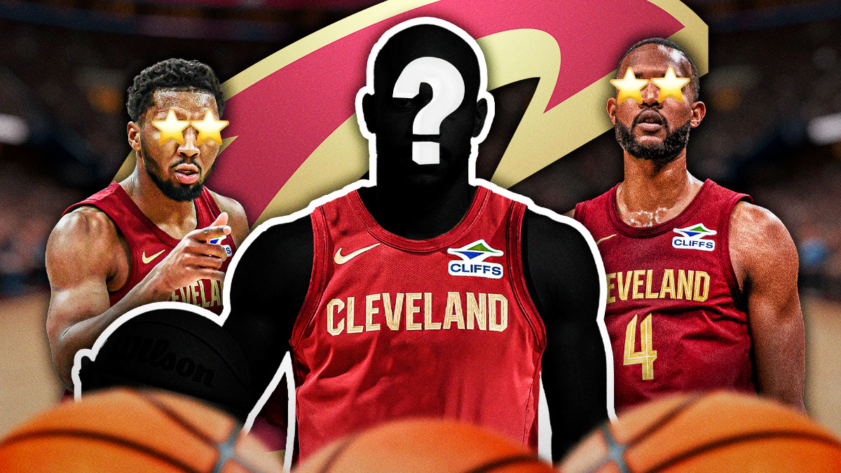 Mystery player in a Cavaliers jersey in the middle, Donovan Mitchell and Evan Mobley around him with starry eyes ⭐️, Cleveland Cavaliers logo in the background