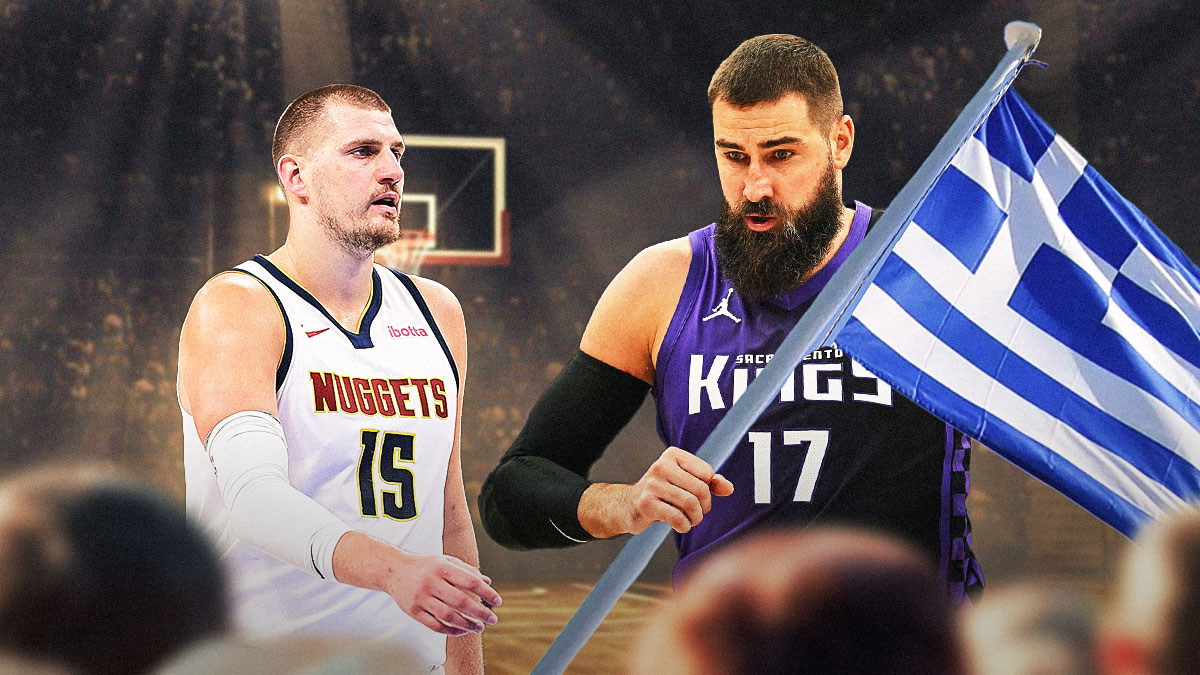 Nuggets' Nikola Jokic looking at Jonas Valanciunas holding the flag of Greece