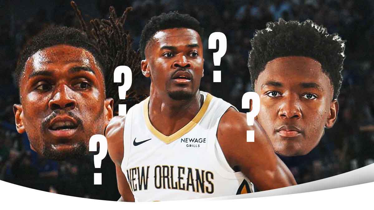 Pelicans' Yves Missi with question marks all over, with head cutouts of Kevon Looney and Derik Queen beside him