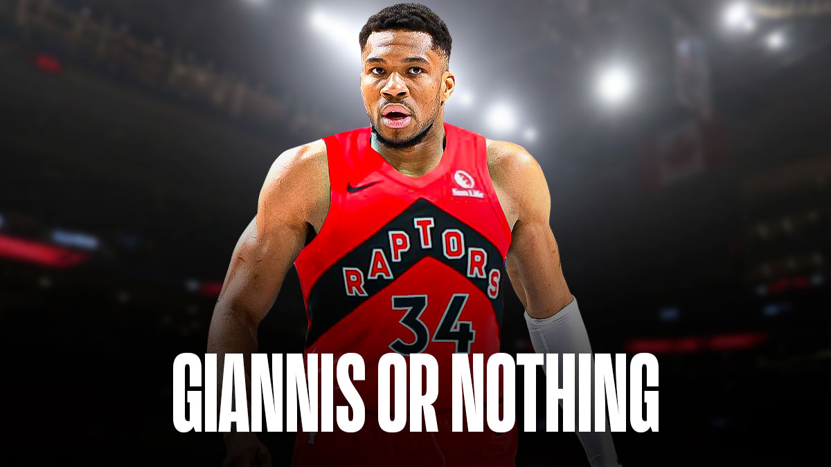 Giannis Antetokounmpo in Raptors uniform, caption below: GIANNIS OR NOTHING